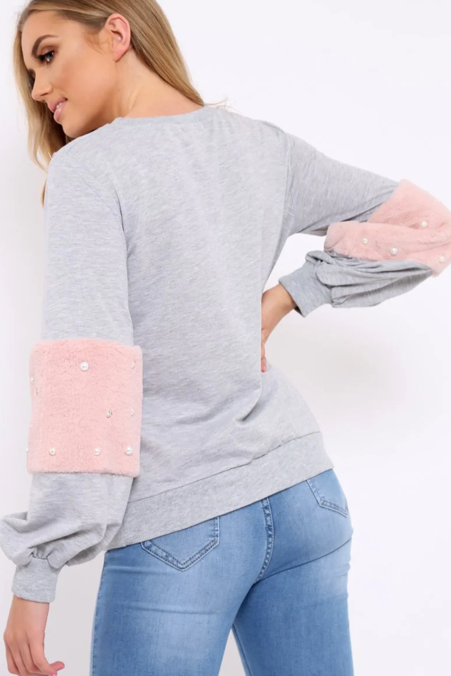 Rebellious Fashion Grey Jumper with Fur and Pearl Sleeves - Izabella