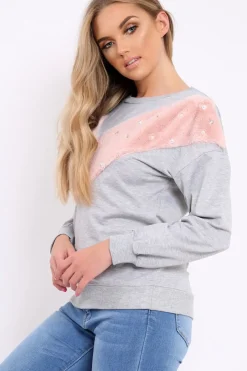 Rebellious Fashion Grey Jumper with Fur and Pearl Front - Annita