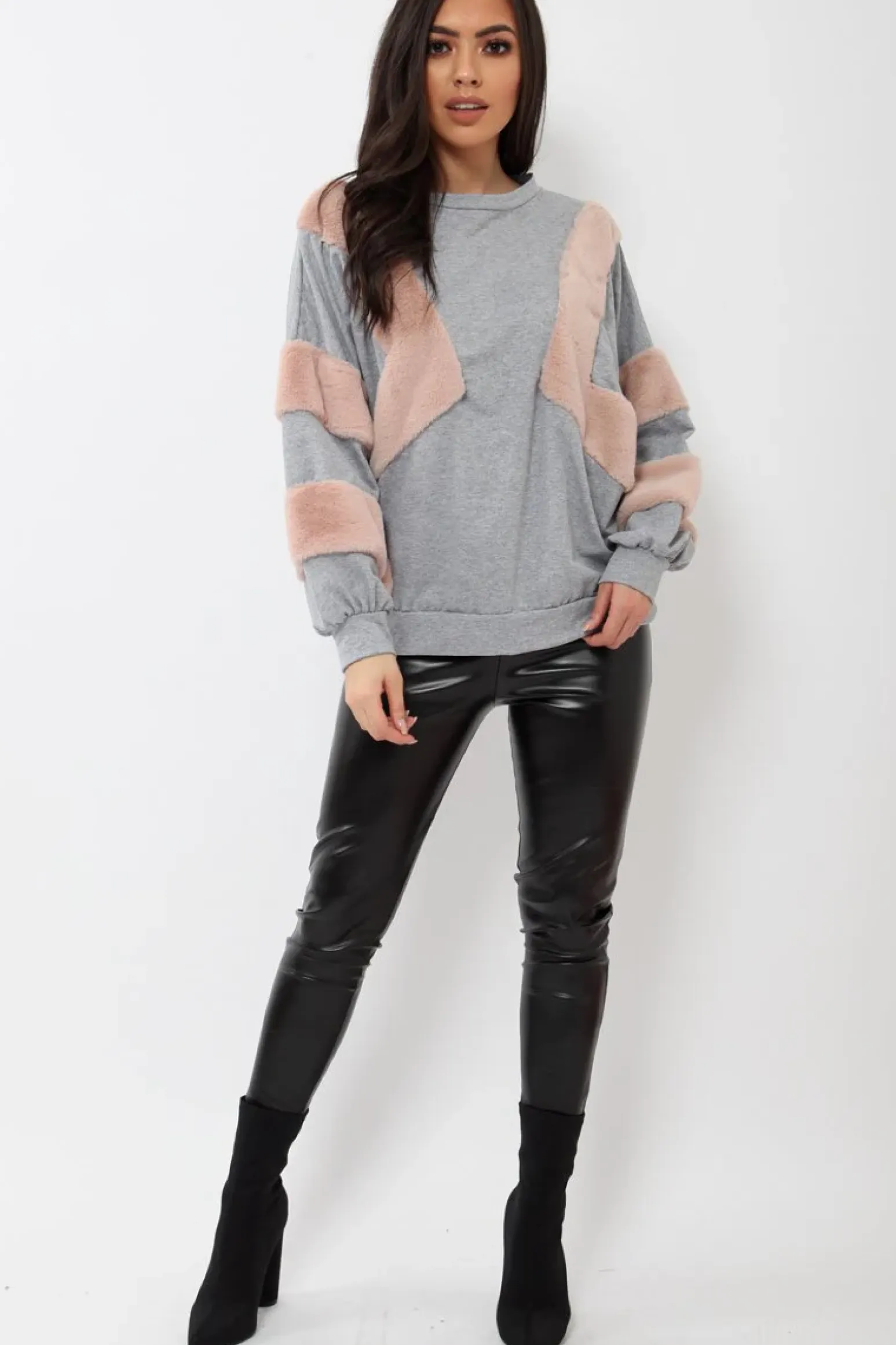 Rebellious Fashion Grey Jumper with Fur on Front and Sleeves - Mercedes