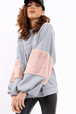 Rebellious Fashion Grey Jumper with Fur Sleeves - Stephanie
