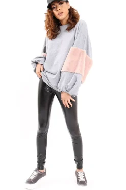 Rebellious Fashion Grey Jumper with Fur Sleeves - Stephanie