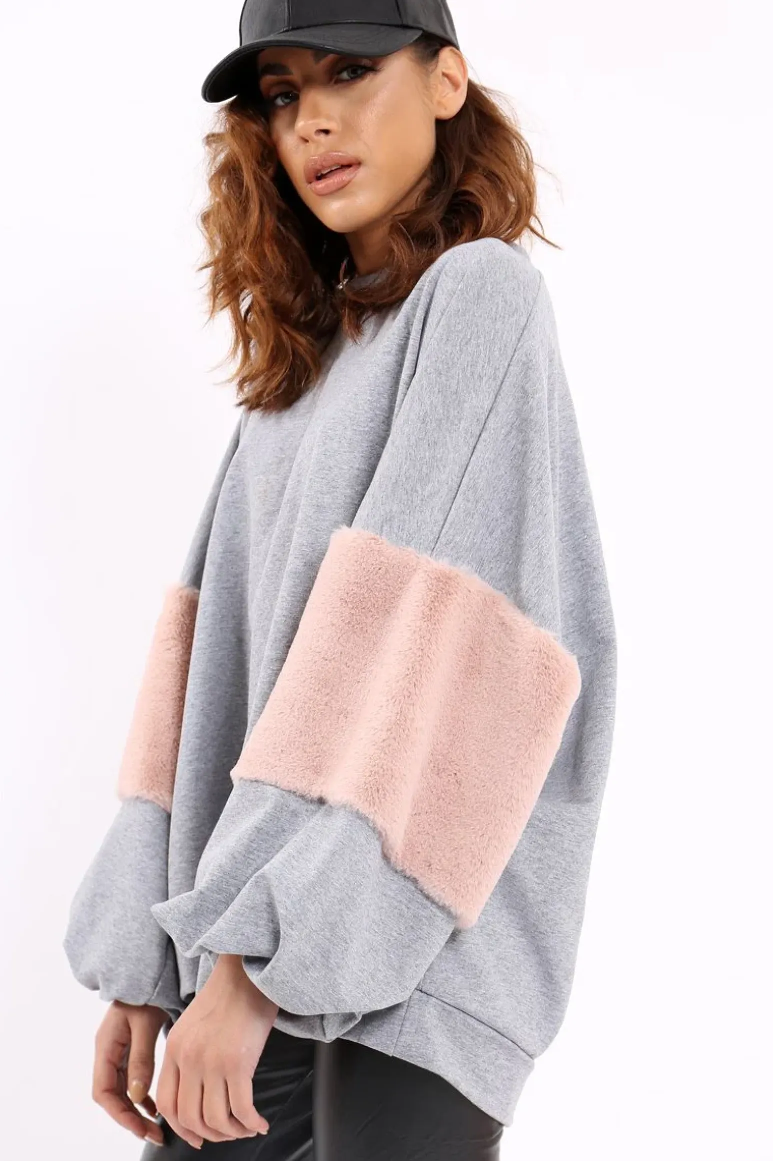 Rebellious Fashion Grey Jumper with Fur Sleeves - Stephanie