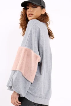 Rebellious Fashion Grey Jumper with Fur Sleeves - Stephanie