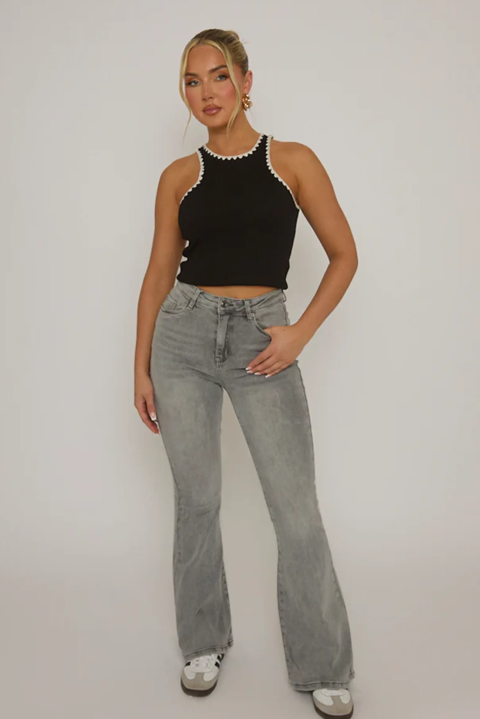Rebellious Fashion Grey Kick Flare Mid Waist Jeans - Paola