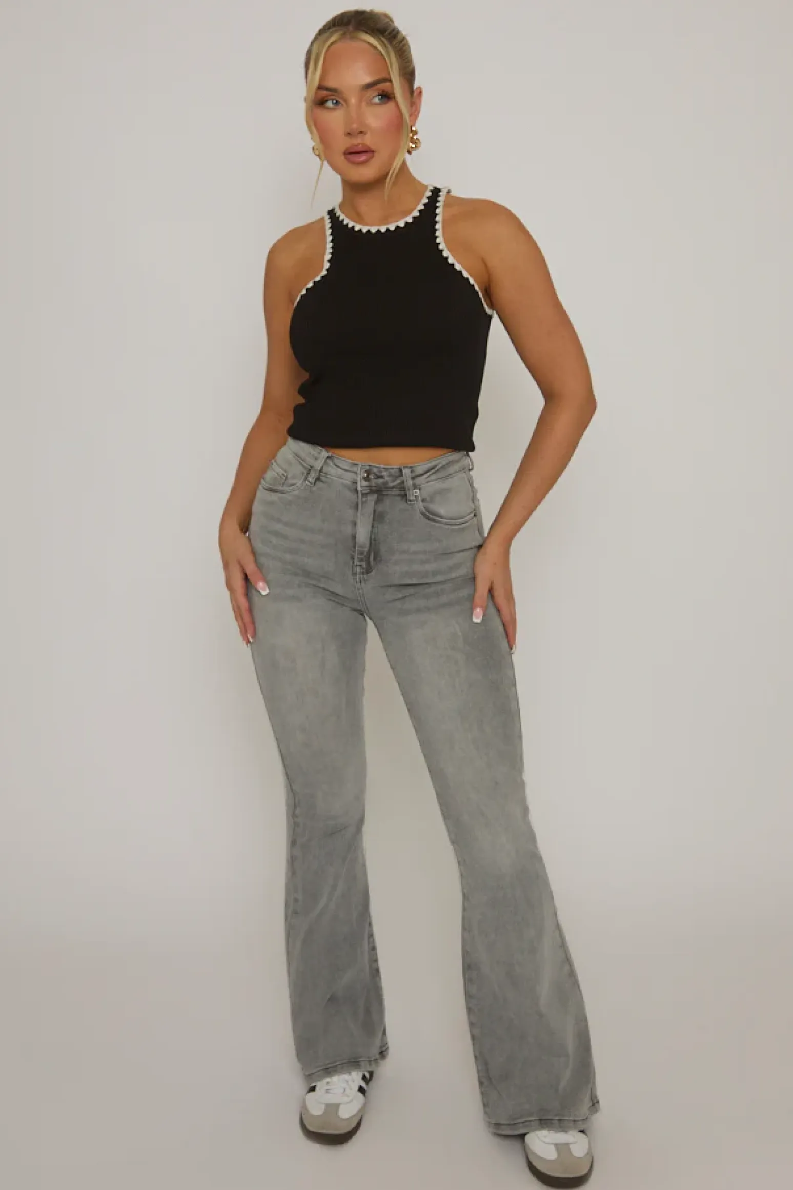 Rebellious Fashion Grey Kick Flare Mid Waist Jeans - Paola
