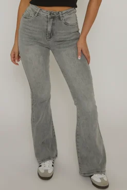 Rebellious Fashion Grey Kick Flare Mid Waist Jeans - Paola