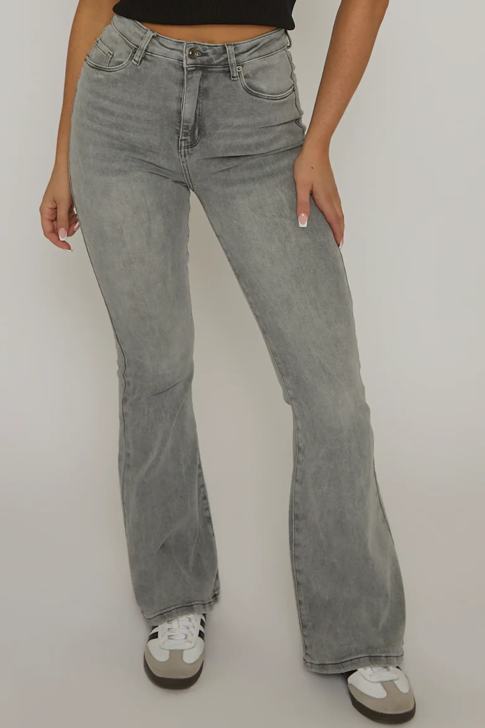 Rebellious Fashion Grey Kick Flare Mid Waist Jeans - Paola