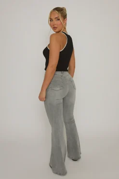 Rebellious Fashion Grey Kick Flare Mid Waist Jeans - Paola
