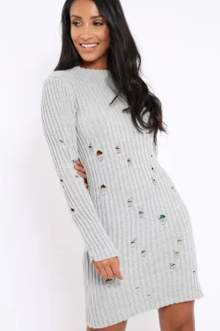 Rebellious Fashion Grey Knit Distressed Jumper Dress - Cheryl