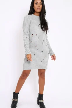 Rebellious Fashion Grey Knit Distressed Jumper Dress - Cheryl
