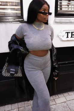 Rebellious Fashion Grey Knit High Neck Crop Top and Trouser Co-ord - Helena