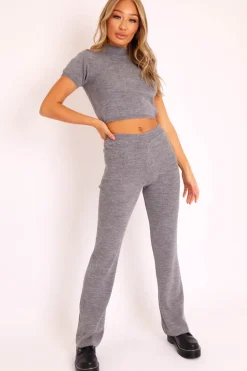 Rebellious Fashion Grey Knit High Neck Crop Top and Trouser Co-ord - Helena