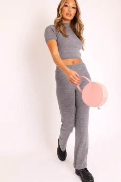 Rebellious Fashion Grey Knit High Neck Crop Top and Trouser Co-ord - Helena