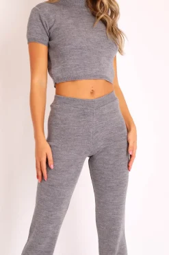 Rebellious Fashion Grey Knit High Neck Crop Top and Trouser Co-ord - Helena