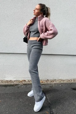 Rebellious Fashion Grey Knit High Neck Crop Top and Trouser Co-ord - Helena