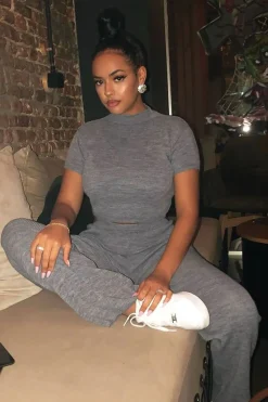Rebellious Fashion Grey Knit High Neck Crop Top and Trouser Co-ord - Helena