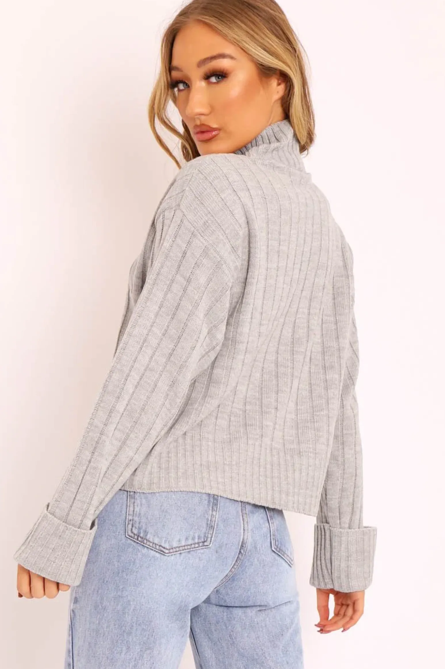 Rebellious Fashion Grey Knit High Neck Jumper - Jaelynn