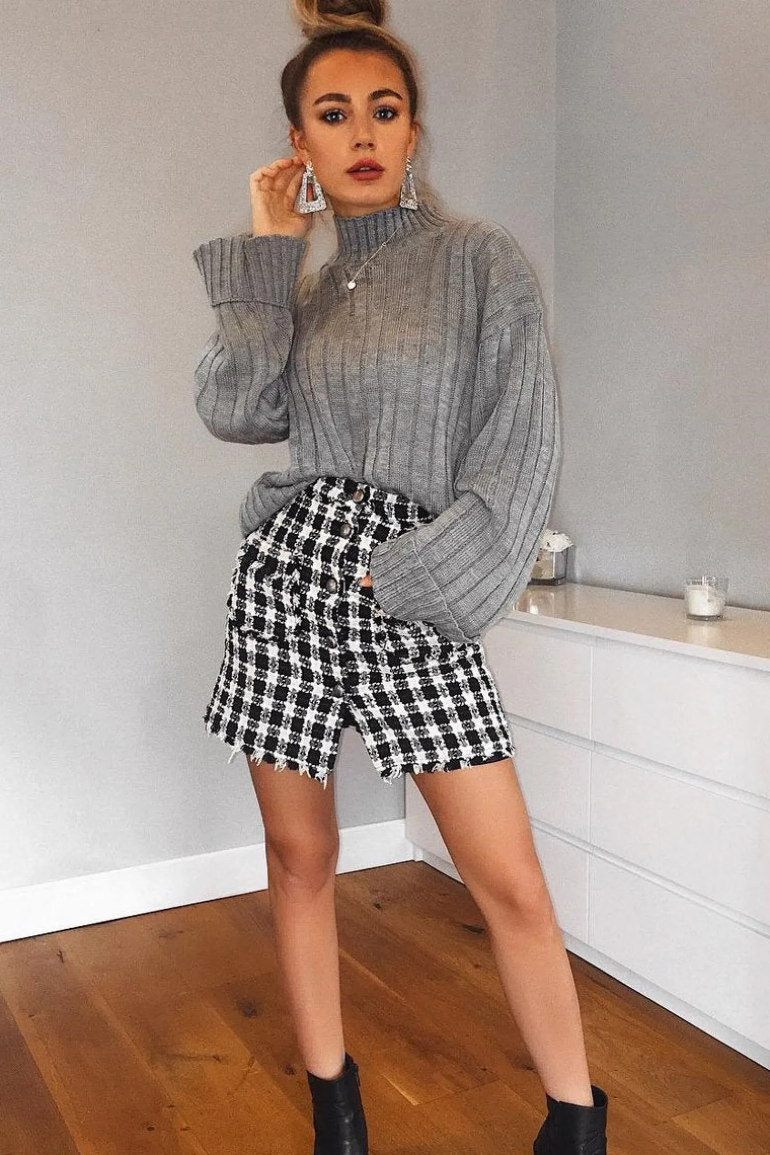 Rebellious Fashion Grey Knit High Neck Jumper - Jaelynn