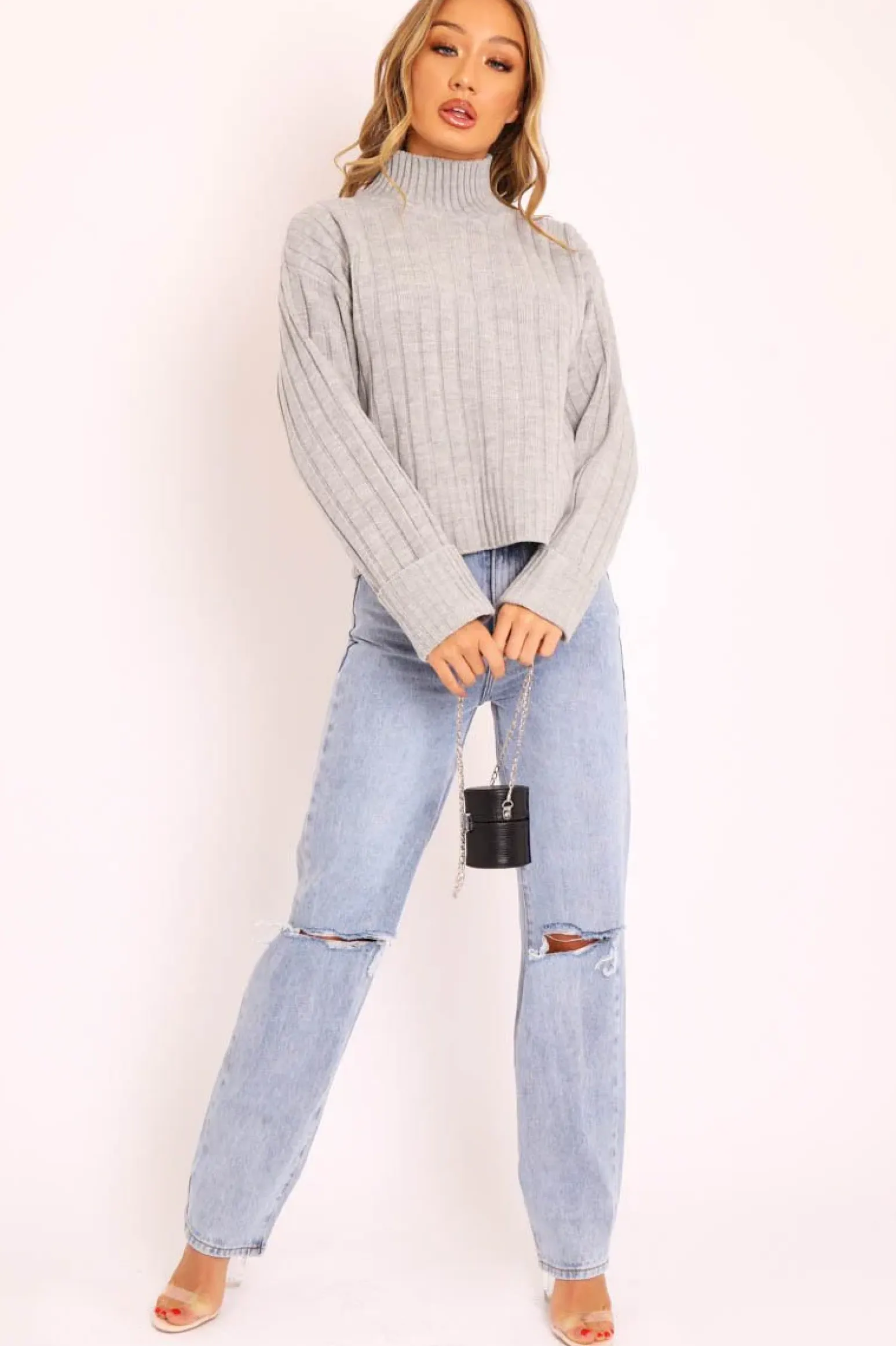 Rebellious Fashion Grey Knit High Neck Jumper - Jaelynn