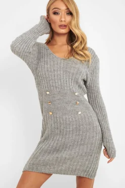 Rebellious Fashion Grey Knit Plunge Button Front Jumper Dress - Cariah
