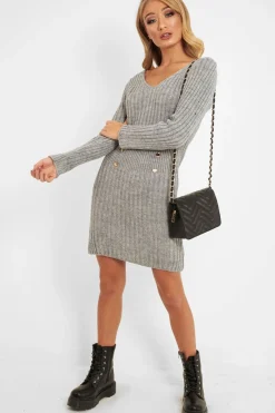 Rebellious Fashion Grey Knit Plunge Button Front Jumper Dress - Cariah