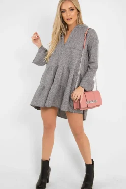 Rebellious Fashion Grey Knit Plunge Flute Sleeve Shift Dress - Halsey