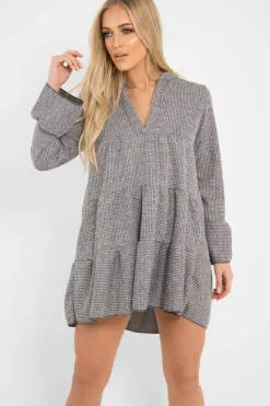 Rebellious Fashion Grey Knit Plunge Flute Sleeve Shift Dress - Halsey