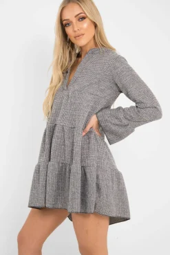 Rebellious Fashion Grey Knit Plunge Flute Sleeve Shift Dress - Halsey