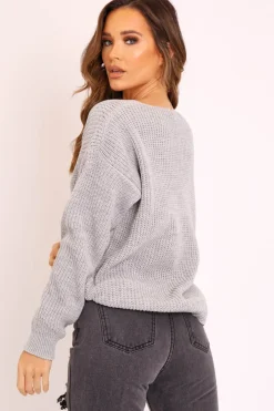 Rebellious Fashion Grey Knit Plunge Neckline Jumper - Roselie