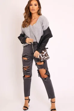 Rebellious Fashion Grey Knit Plunge Neckline Jumper - Roselie