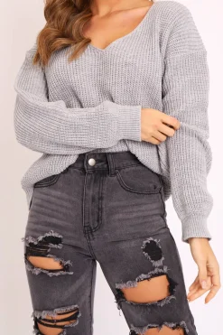 Rebellious Fashion Grey Knit Plunge Neckline Jumper - Roselie