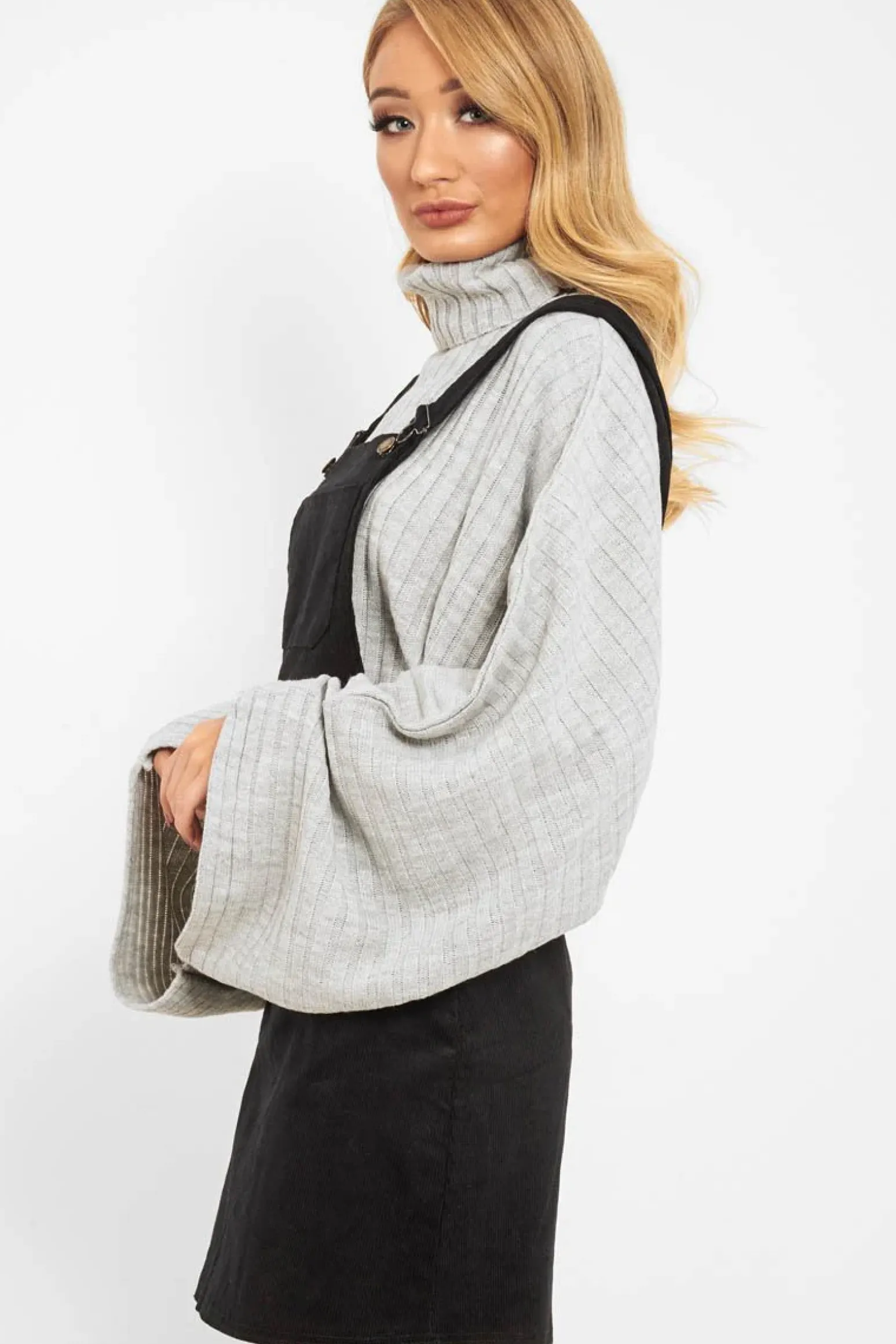 Rebellious Fashion Grey Knit Roll Neck Batwing Jumper - Fallon