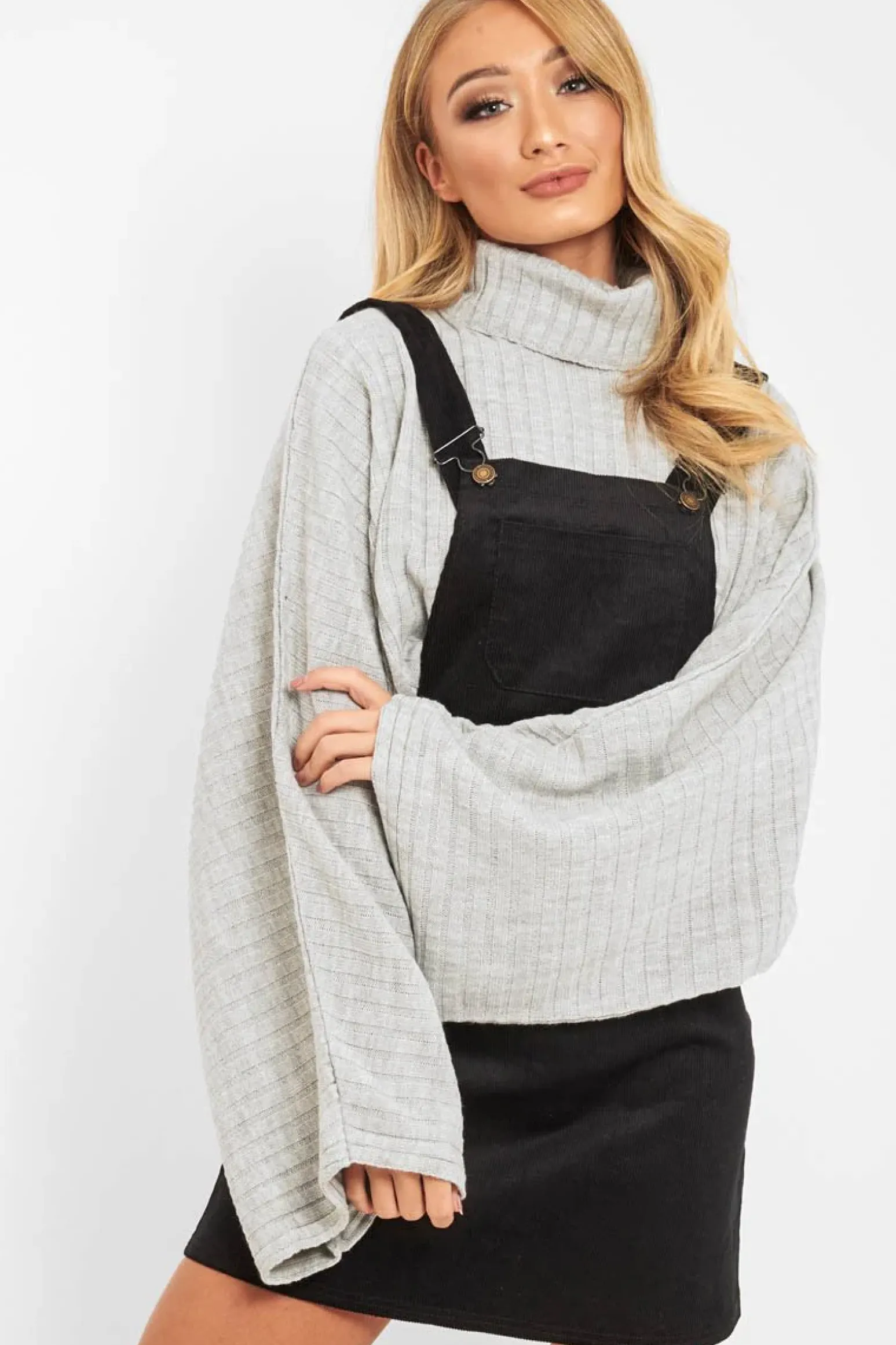 Rebellious Fashion Grey Knit Roll Neck Batwing Jumper - Fallon