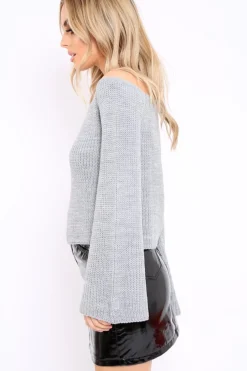 Rebellious Fashion Grey Knitted Bardot Jumper - Jaden