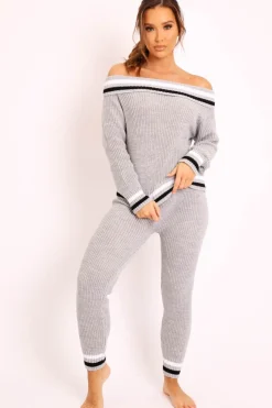 Rebellious Fashion Grey Knitted Bardot Jumper Legging Loungewear Co-ord - Neala