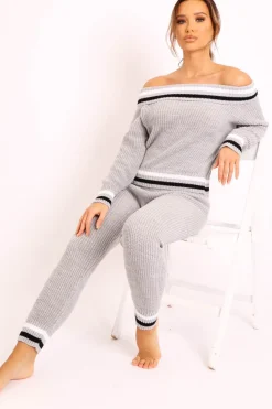 Rebellious Fashion Grey Knitted Bardot Jumper Legging Loungewear Co-ord - Neala
