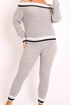 Rebellious Fashion Grey Knitted Bardot Jumper Legging Loungewear Co-ord - Neala