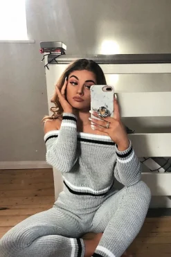 Rebellious Fashion Grey Knitted Bardot Jumper Legging Loungewear Co-ord - Neala