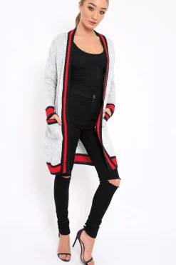Rebellious Fashion Grey knitted Cardigan with Striped Trim - Ivy