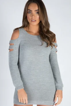 Rebellious Fashion Grey Knitted Cold Shoulder Cut Out Jumper Dress - Sienna