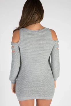 Rebellious Fashion Grey Knitted Cold Shoulder Cut Out Jumper Dress - Sienna