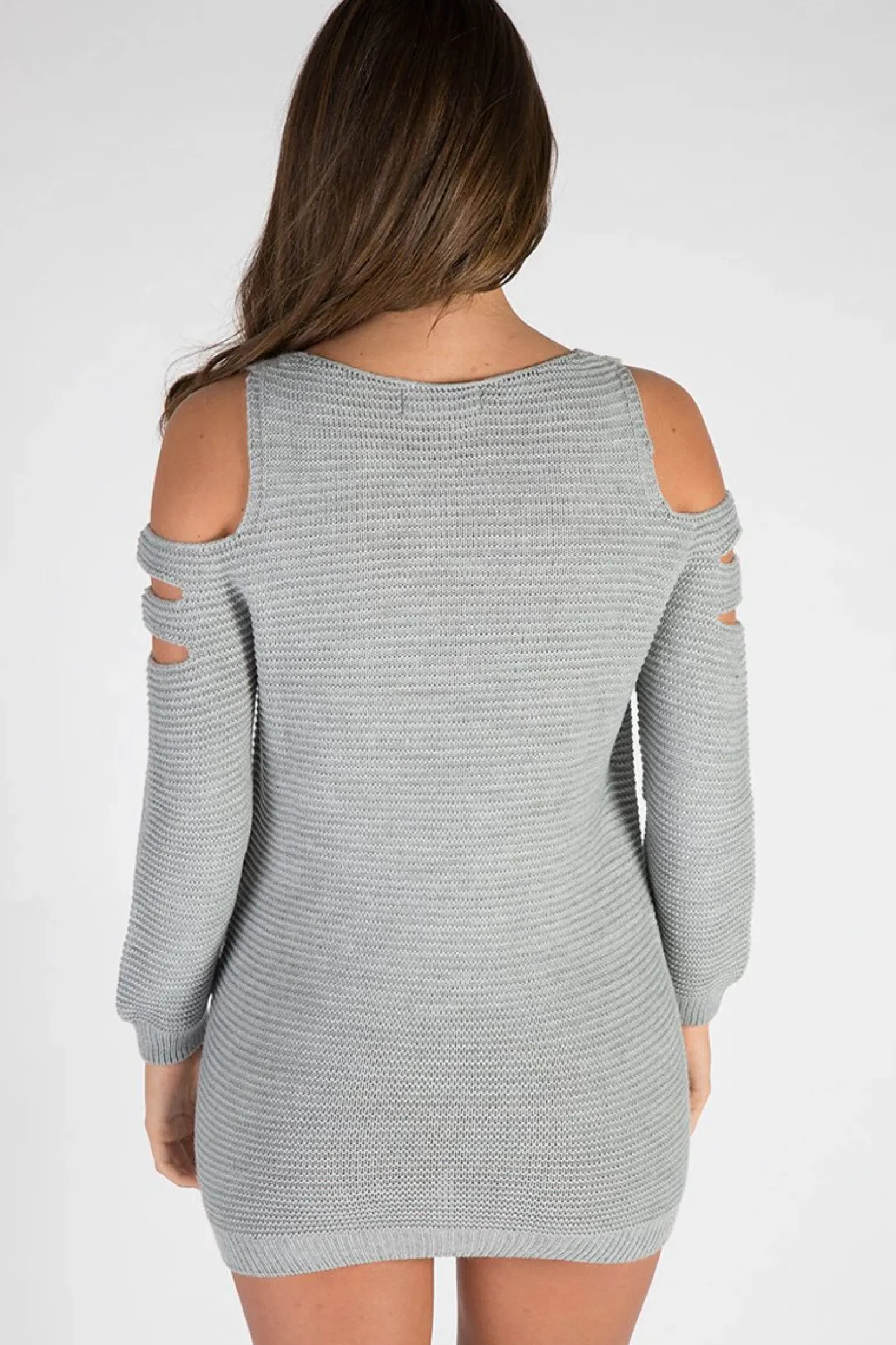 Rebellious Fashion Grey Knitted Cold Shoulder Cut Out Jumper Dress - Sienna