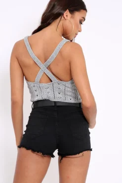 Rebellious Fashion Grey Knitted Cross Back Crop Top - Charis