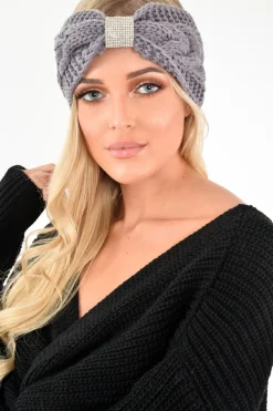 Rebellious Fashion Grey Knitted Diamante Detail Headband - Marylu