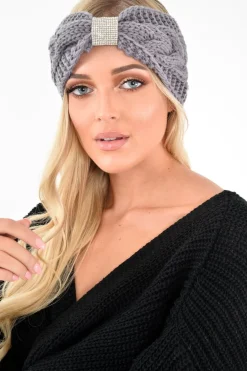 Rebellious Fashion Grey Knitted Diamante Detail Headband - Marylu