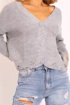 Rebellious Fashion Grey Knitted Distressed Button Front Cardigan - Trudie