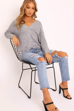 Rebellious Fashion Grey Knitted Distressed Button Front Cardigan - Trudie