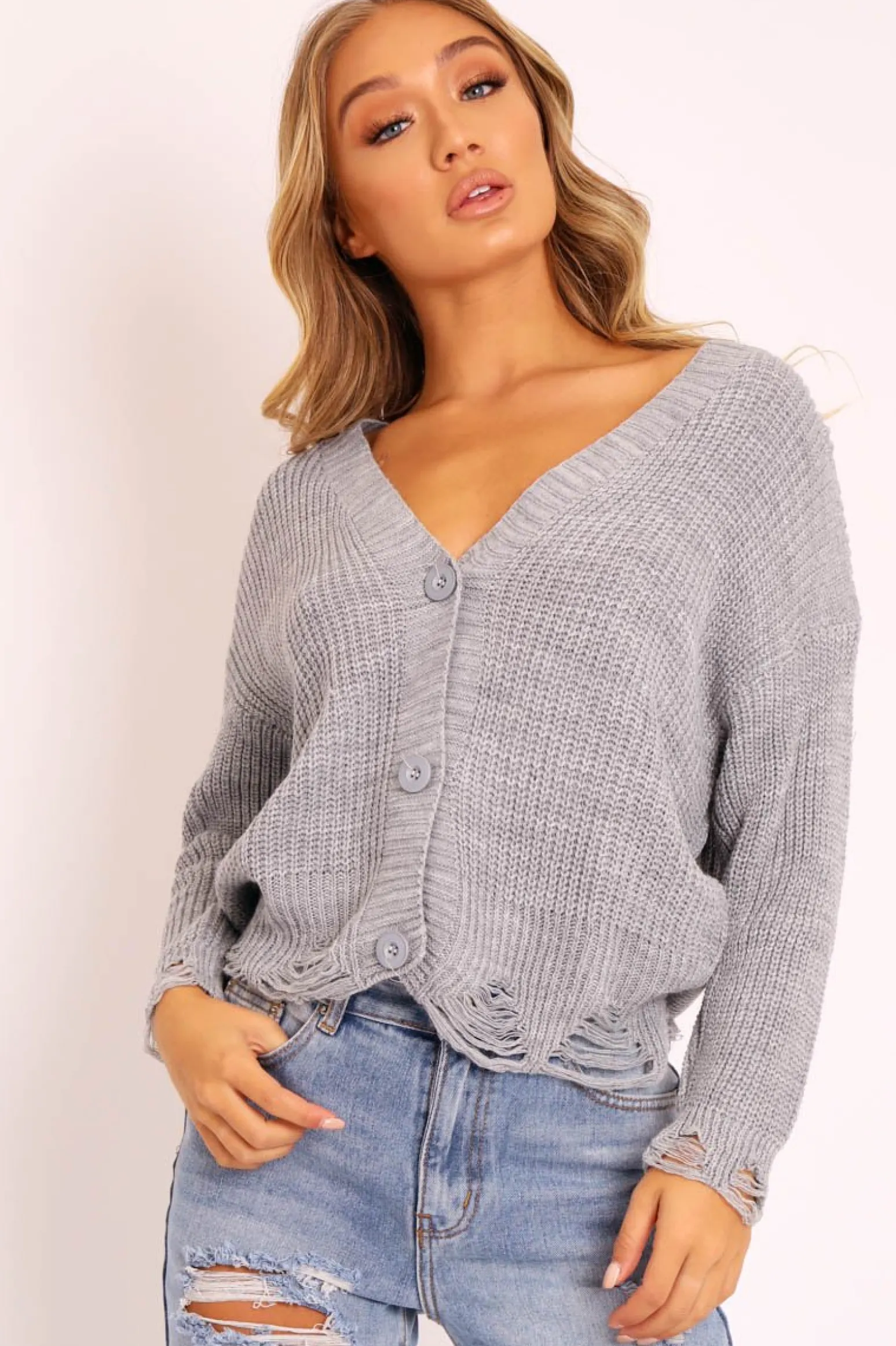 Rebellious Fashion Grey Knitted Distressed Button Front Cardigan - Trudie