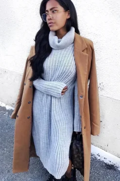 Rebellious Fashion Grey Knitted Roll Neck Jumper Dress - Cecily