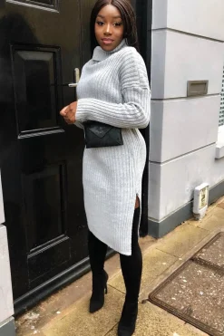 Rebellious Fashion Grey Knitted Roll Neck Jumper Dress - Cecily